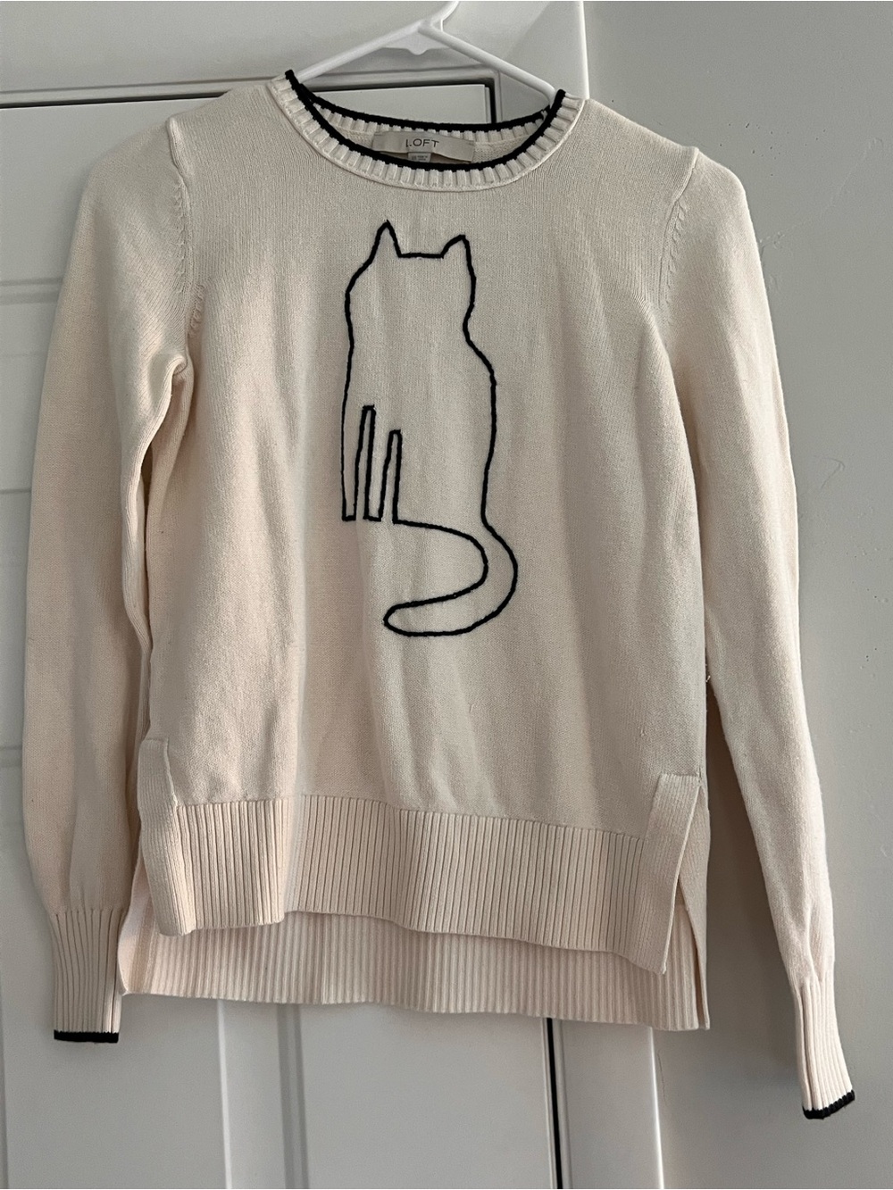 LOFT Cream Crewneck Sweater with Black Cat Outline